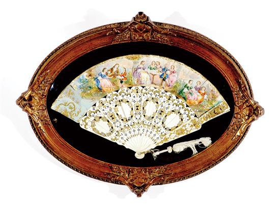 Appraisal: Victorian painted and inlaid ivory fan circa pierced inlaid applied