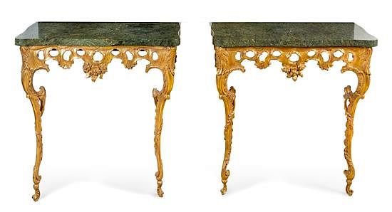 Appraisal: A Pair of Rococo Giltwood Console Tables Height x width