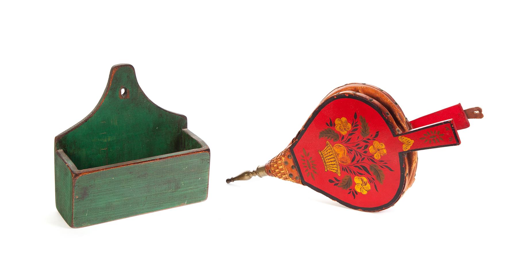 Appraisal: TWO PAINTED PIECES WALL BOX AND BELLOWS American Wall box