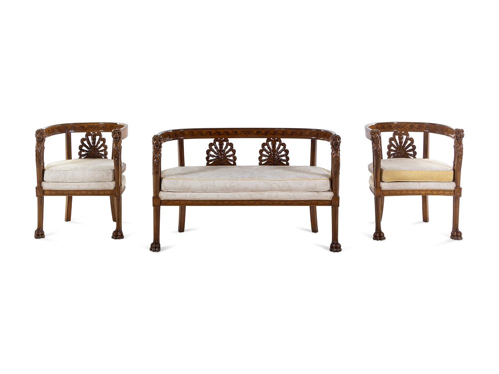 Appraisal: An Italian Neoclassical Style Carved Walnut and Parquetry Three-Piece Salon