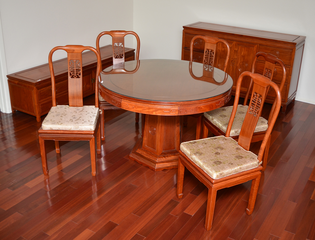 Appraisal: CARVED ORIENTAL DINING SUITE pieces total to include round top