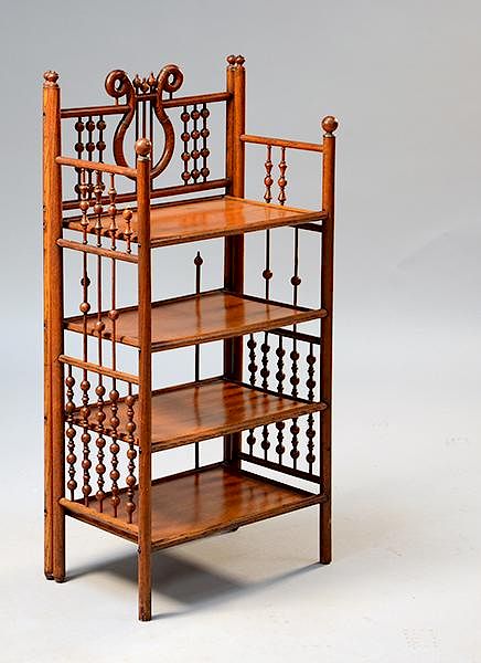 Appraisal: Bentwood hallstand Bentwood hallstand four shelves lyre shape top overall