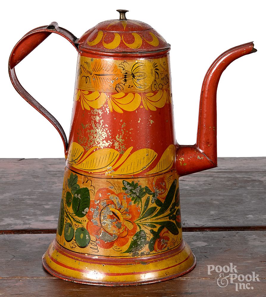 Appraisal: Red toleware coffee pot th c Red toleware coffee pot