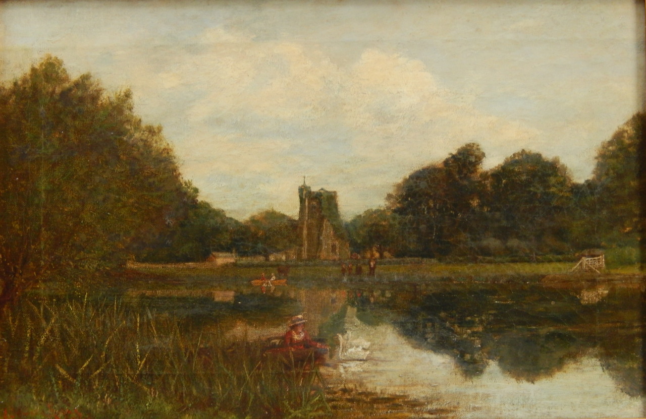 Appraisal: thC British School River scene with figures and boats oil