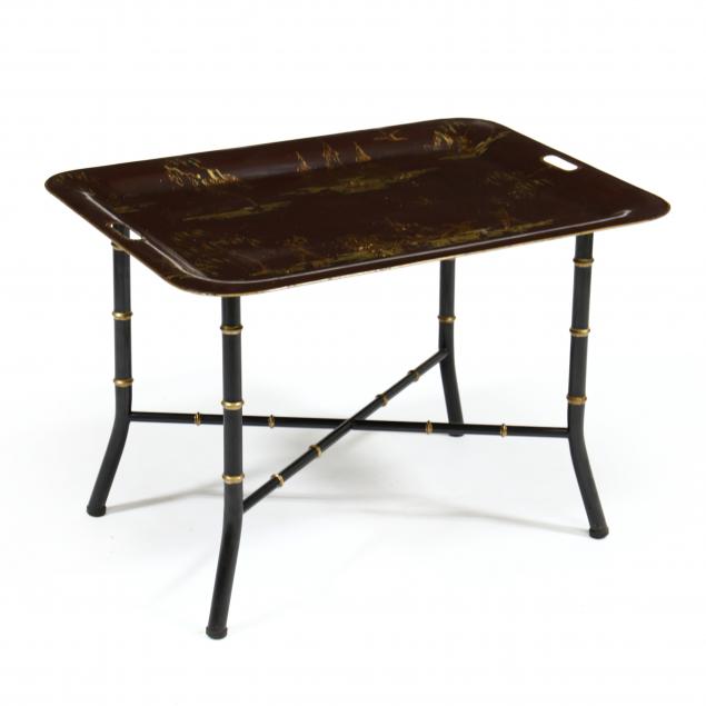 Appraisal: VINTAGE CHINOISERIE TRAY ON STAND Late th century brown painted