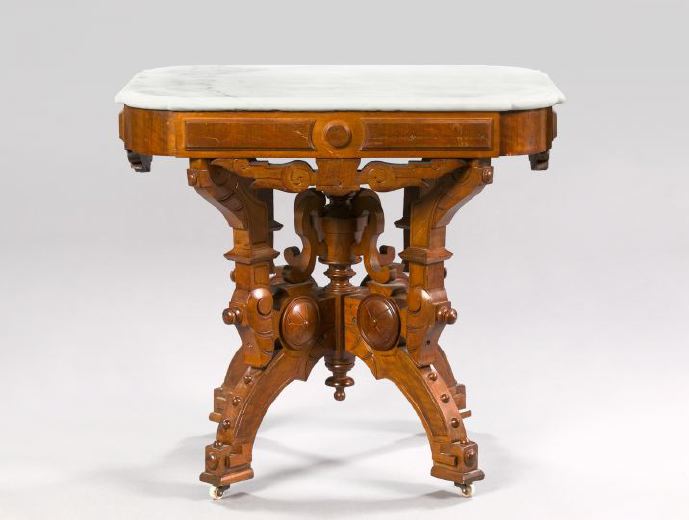 Appraisal: American Renaissance Revival Burl Walnut and Marble-Top Center Table third