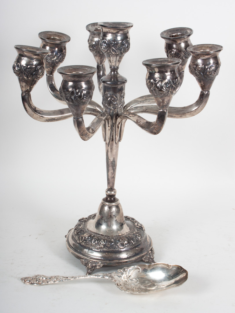 Appraisal: Continental repousse sterling candelabrum in H together with a sterling