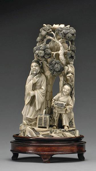 Appraisal: A tinted ivory figure and landscape group th Century Depicting