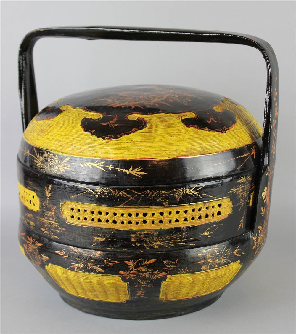 Appraisal: CHINESE PAINTED AND LACQUERED STRAW PICNIC BASKET of cylindrical form