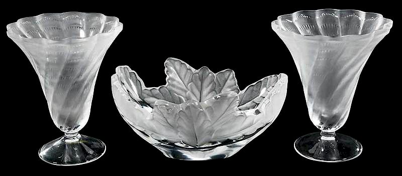 Appraisal: Lalique Glass Compiegne Bowl Two Lucie Vases bowl frosted leaves