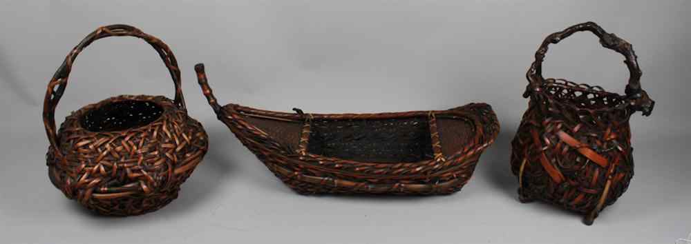 Appraisal: THREE JAPANESE SPLIT BAMBOO FLOWER BASKETS the first of boat