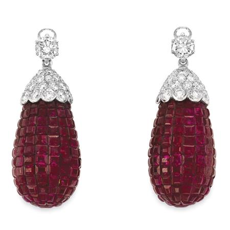 Appraisal: Pair of Invisibly-Set Ruby and Diamond Pendants Estimate -