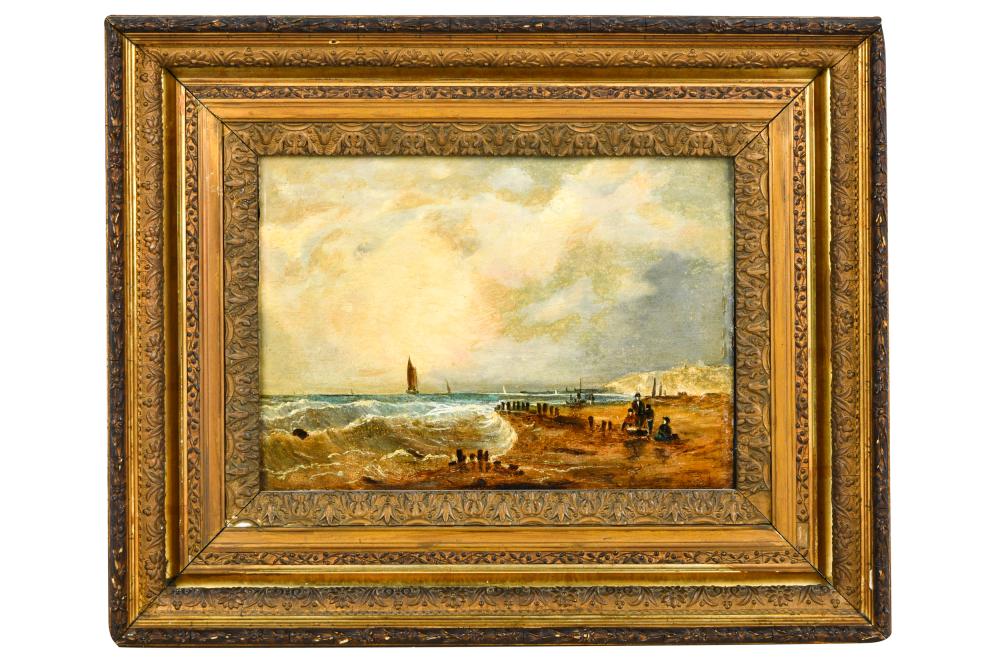 Appraisal: BEACH SCENE WITH FIGURESoil on artist's board unsigned x inches