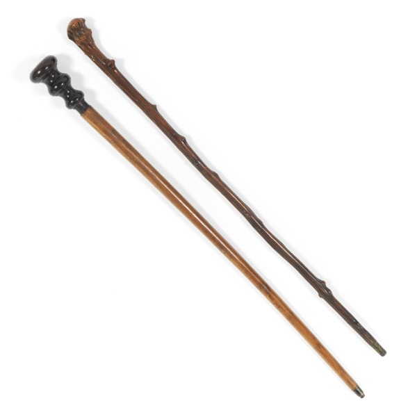 Appraisal: TWO WOOD WALKING STICKS ONE WITH COMPASS One light wood