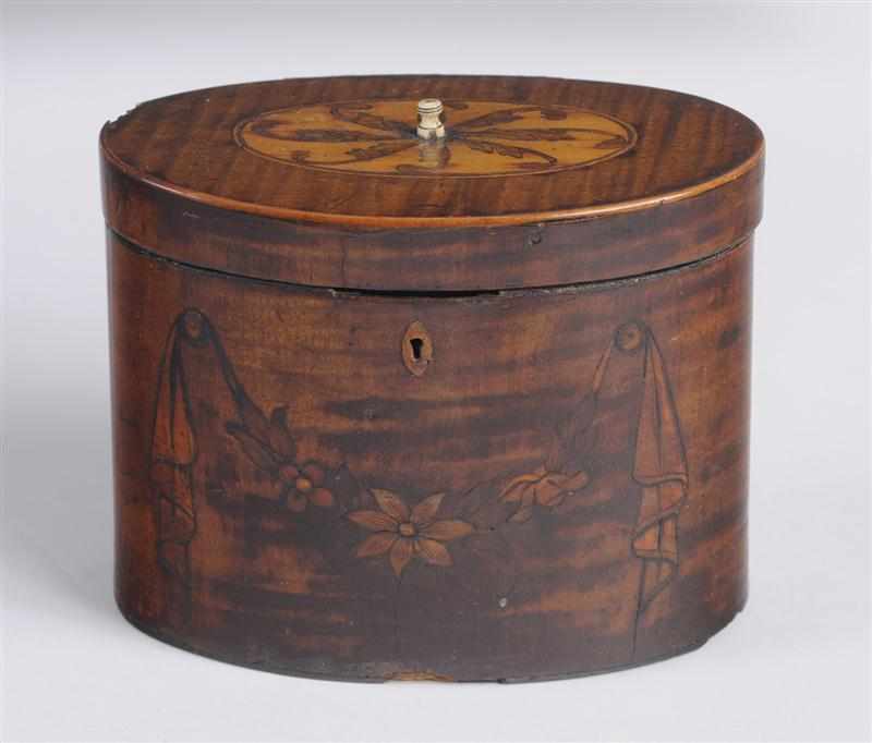 Appraisal: GEORGE III MARQUETRY AND SATINWOOD OVAL TEA CADDY The lid