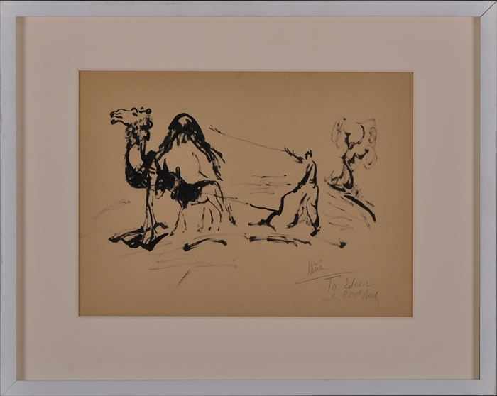 Appraisal: REUVEN RUBIN - PLOUGHING WITH CAMELS Ink on paper x