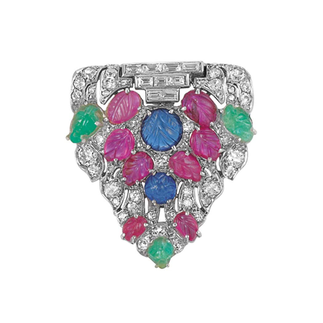 Appraisal: Art Deco Tutti Frutti Carved Synthetic Colored Stone and Diamond