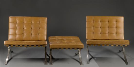 Appraisal: Pair of Barcelona chairs with ottoman by Meis Van Der