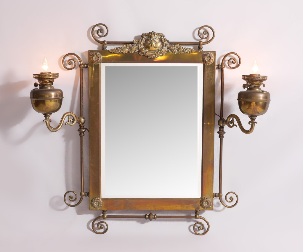 Appraisal: BRASS OIL LAMP WALL MIRROR From the oldest building in