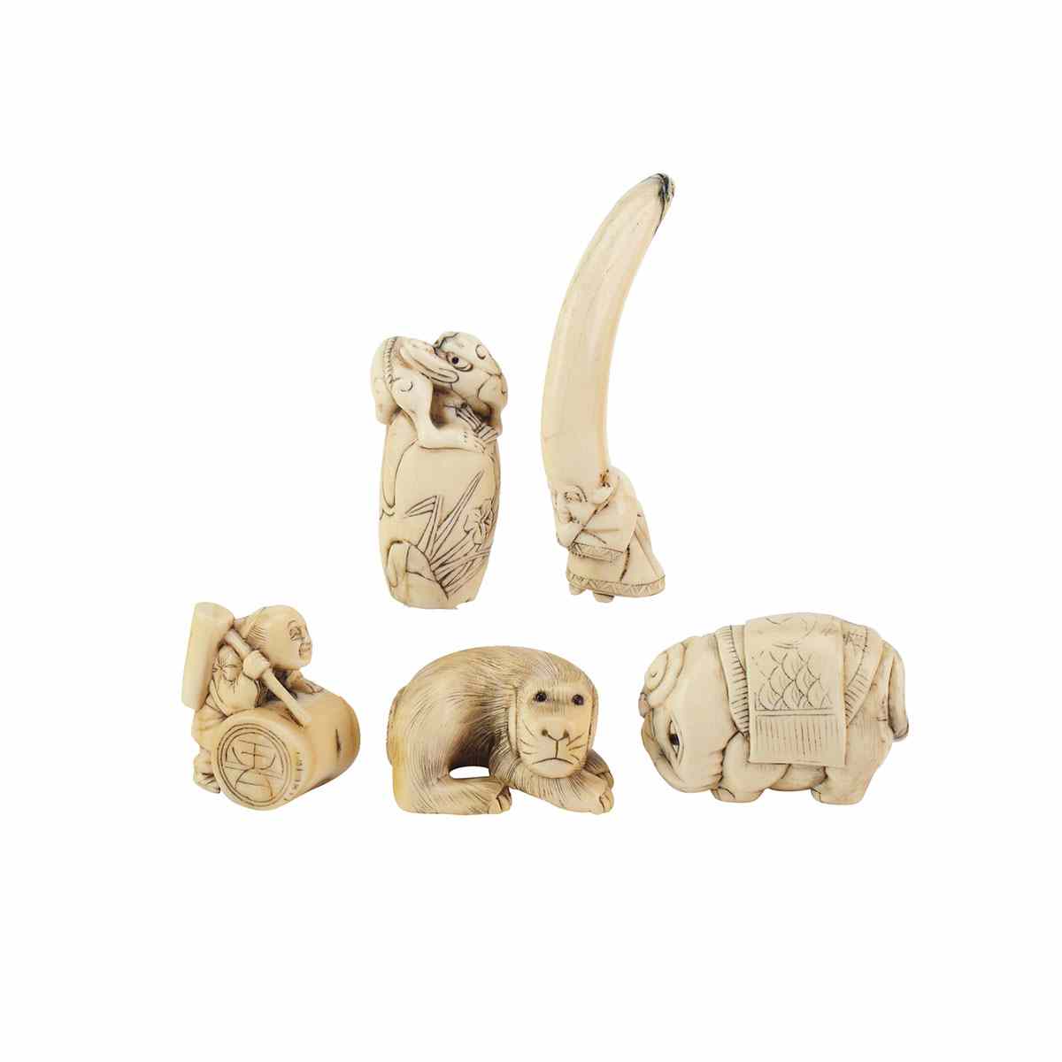 Appraisal: Five Ivory Carved Netsukes Includes and elephant Fukurojin a dog