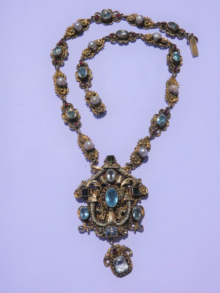 Appraisal: HUNGARIAN GILT SILVER GEMSTONE NECKLACE Antique vermeil gold on silver