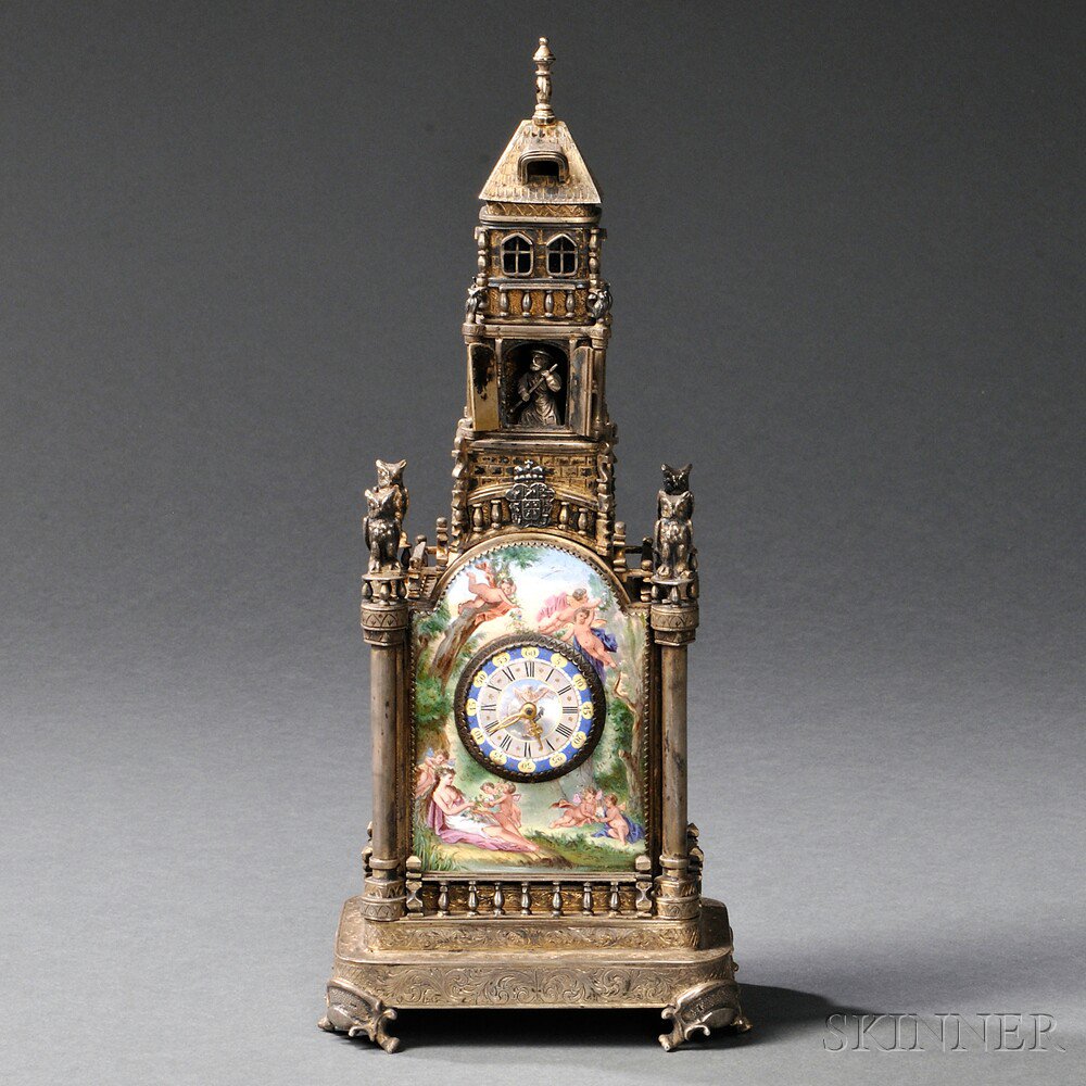 Appraisal: Viennese Silver and Enamel Tower-form Clock Austria late th century