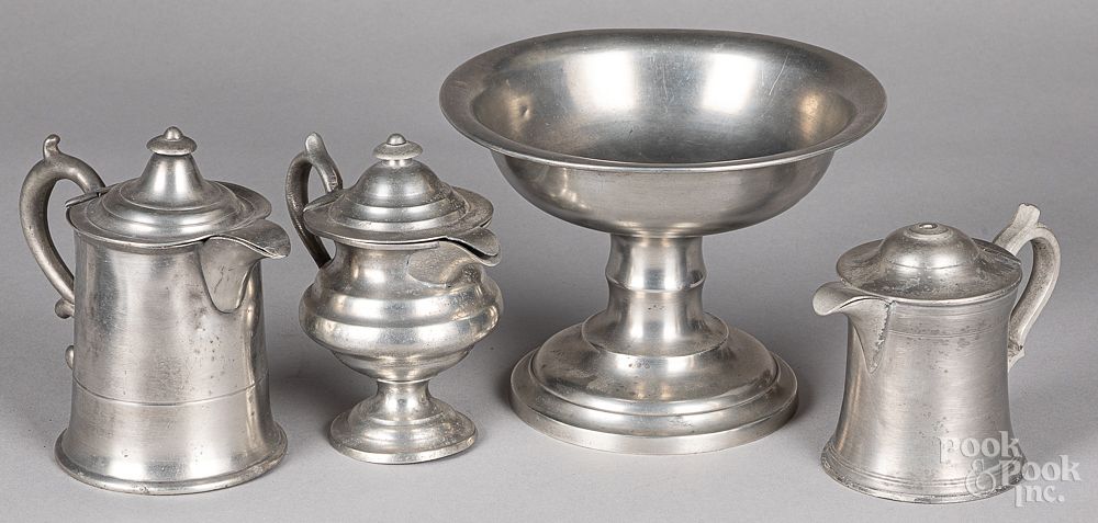 Appraisal: Three pewter syrup pitchers Three pewter syrup pitchers by William