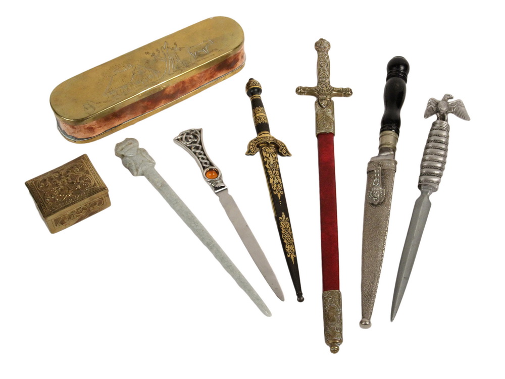 Appraisal: BRASS BOXES LETTER OPENERS - Including Dutch Style Replica Snuff