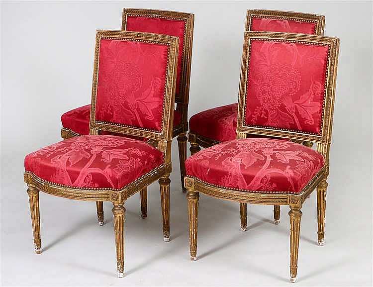 Appraisal: SET OF FOUR LOUIS XVI STYLE GILTWOOD SIDE CHAIRSLate th