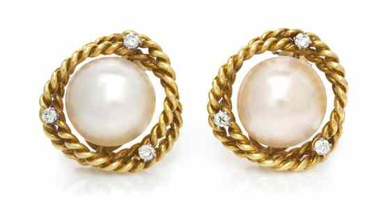 Appraisal: A Pair of Karat Yellow Gold Mabe Pearl and Diamond