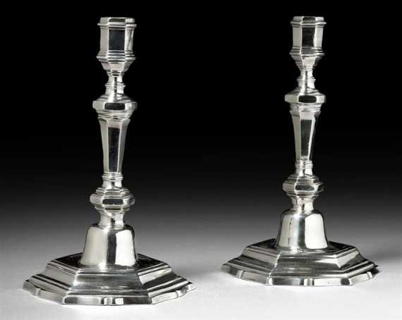 Appraisal: PAIR OF CANDLESTICKS Poitiers Michel Letailleur Hexagonal basic form over