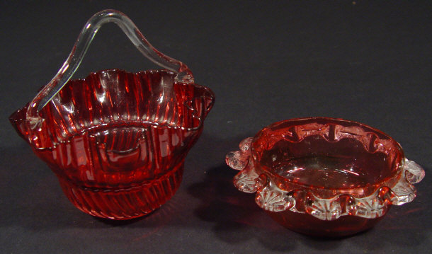 Appraisal: Victorian cranberry glass basket of fluted form together with a