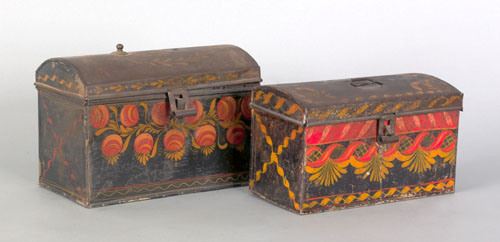 Appraisal: Two toleware dome lid boxes th c with red and