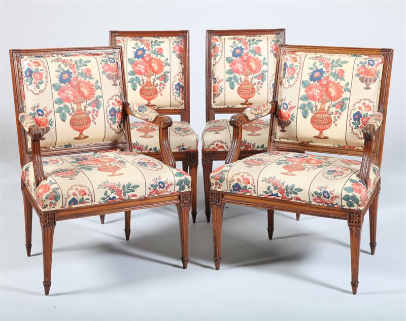 Appraisal: SET OF LOUIS XVI BEECHWOOD SEAT FURNITURE Comprising four fauteuils