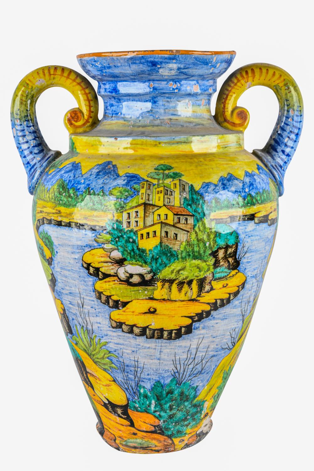 Appraisal: PAINTED MAJOLICA URNCondition chips and nicks throughout inches high Condition