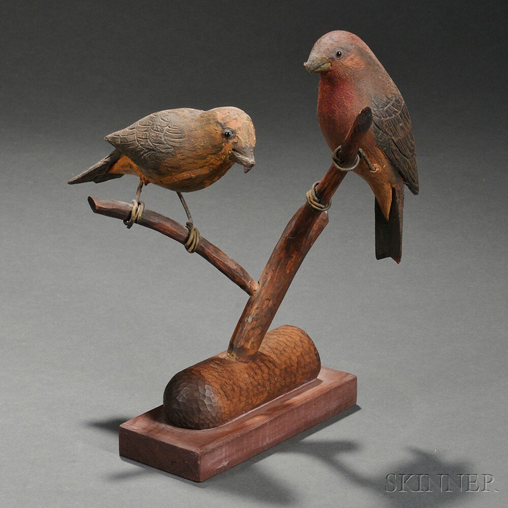 Appraisal: Pair of Carved and Painted Crossbill Figures on Branch America