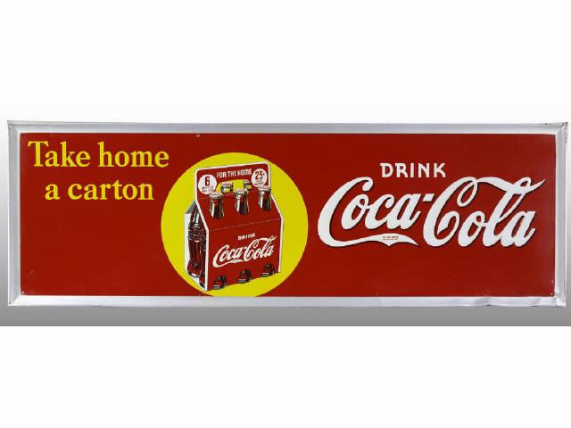 Appraisal: Horizontal Embossed Coca-Cola Tin Sign Description Featuring a six-pack in