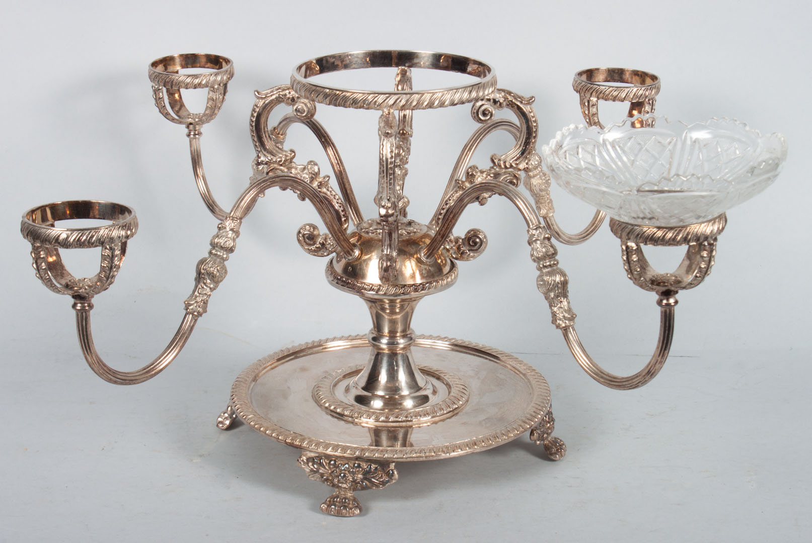 Appraisal: Silver-plated epergne with one cut glass bowl in H