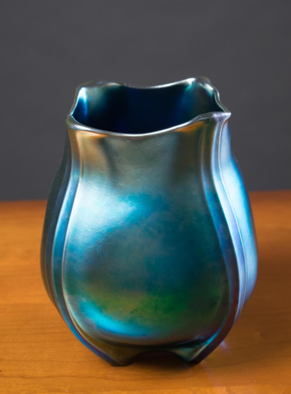 Appraisal: STEUBEN AURENE ART GLASS VASE four-sided of iridescent blue Engraved