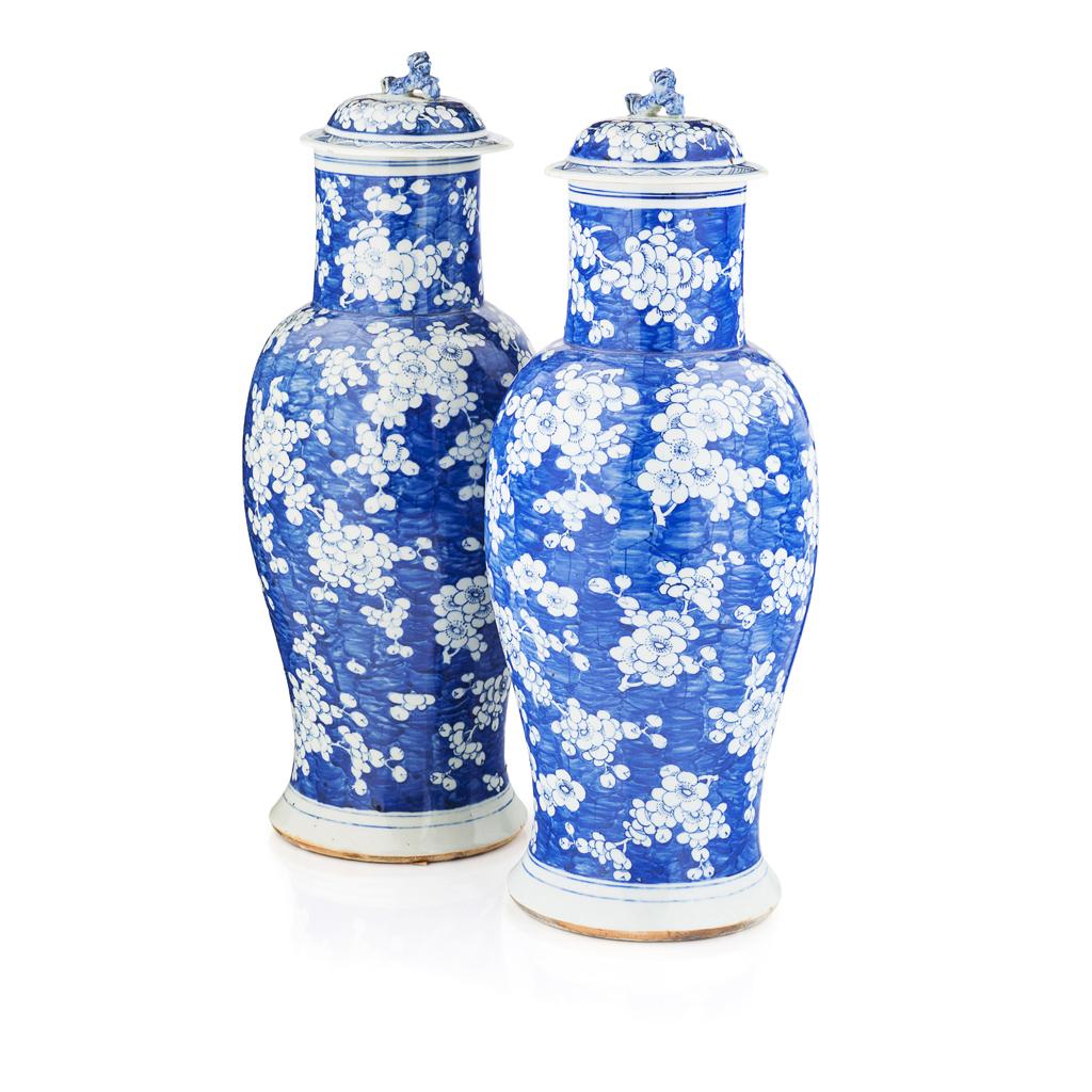 Appraisal: PAIR OF CRACKED ICE BALUSTER VASES AND COVERS QING DYNASTY