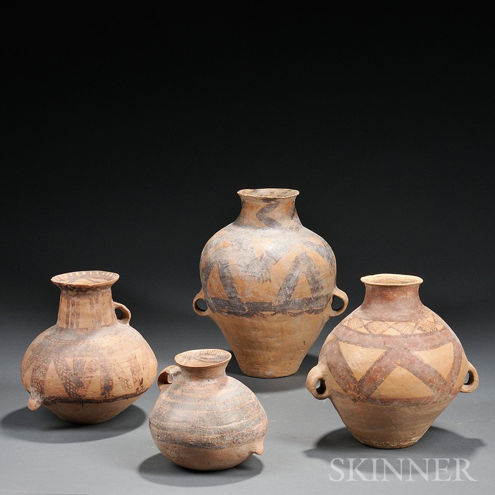 Appraisal: Four Neolithic-style Pottery Jars China bulbous forms with a narrow