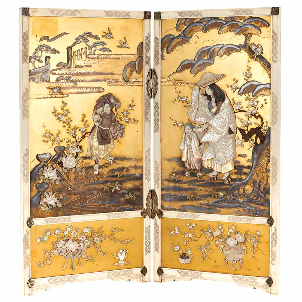 Appraisal: Japanese Shibayama Ivory Two-Panel Jade Screen Meiji Period Decorated with