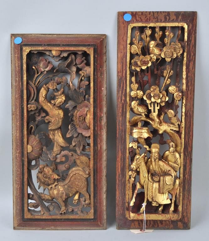 Appraisal: Two Chinese Carved Gilt Openwork Panels one with wise man