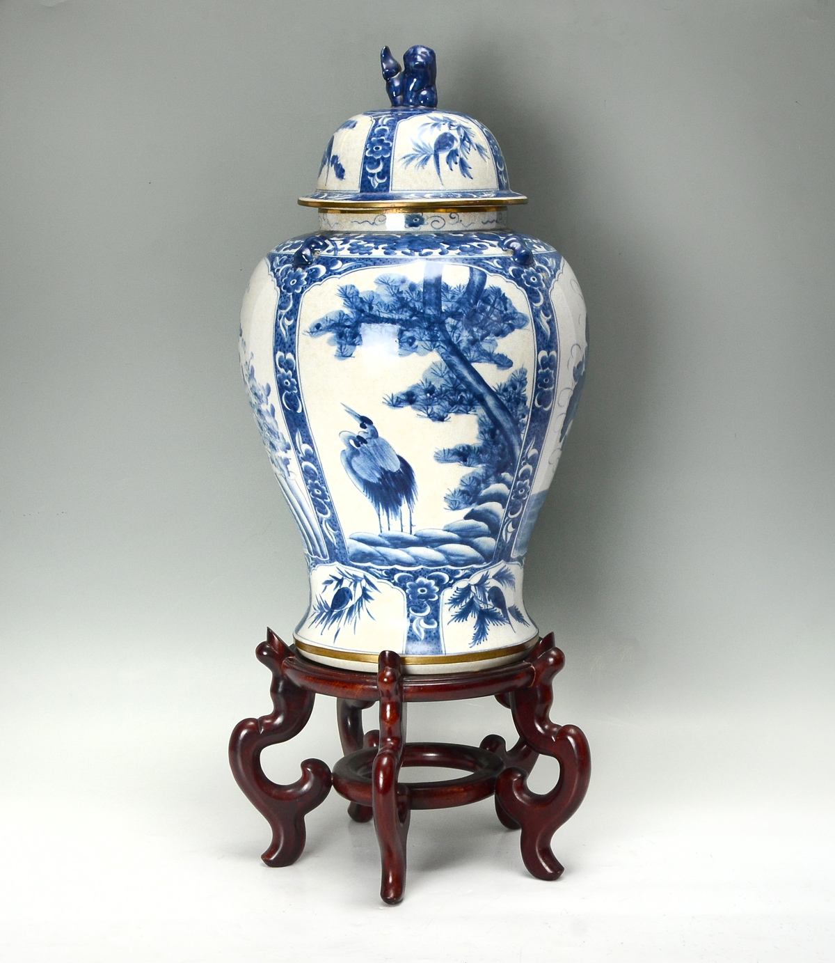 Appraisal: LARGE CHINESE BLUE WHITE JAR ON STAND Large lidded blue