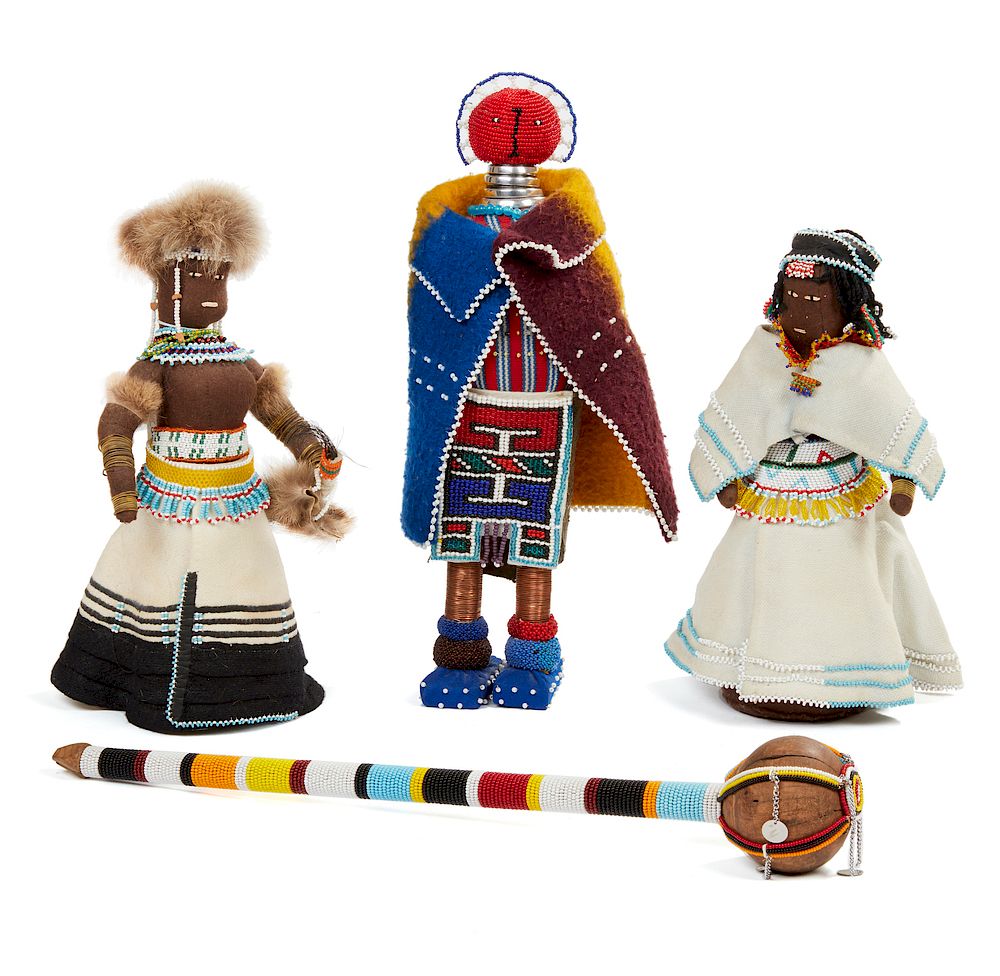 Appraisal: Three African Dolls and Maasai Kenya Rungu Ceremonial Staff Lot