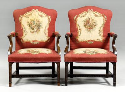 Appraisal: Pair Chippendale style open armchairs each with fine tapestry upholstery