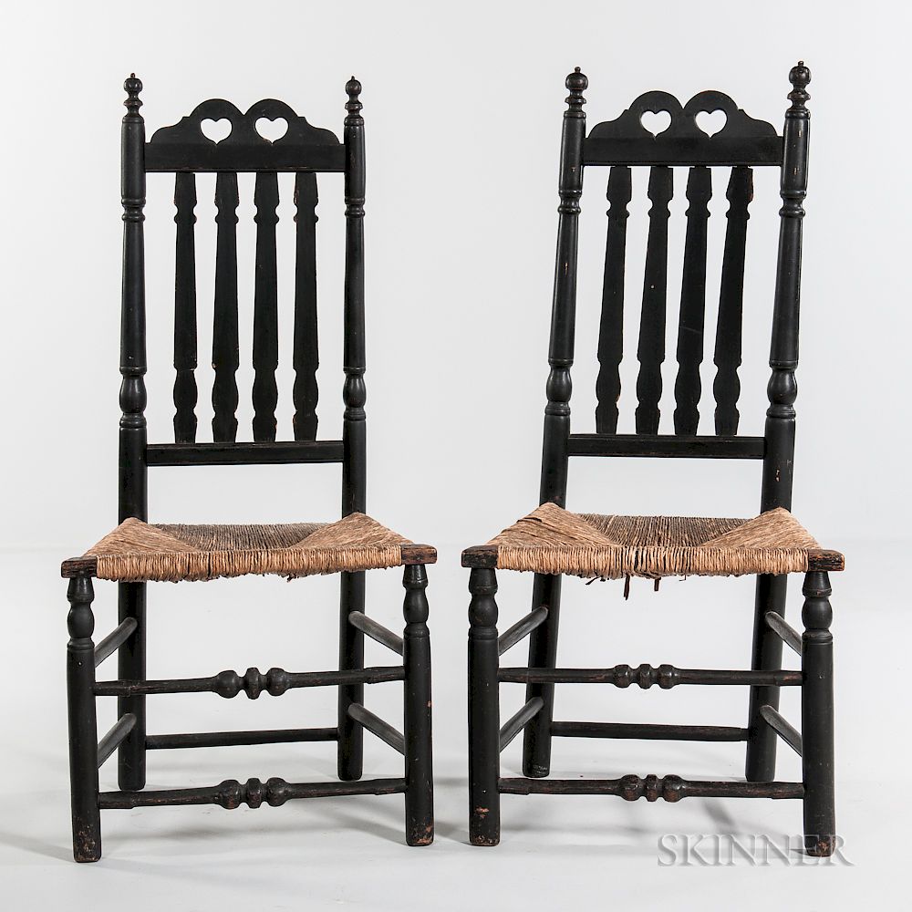 Appraisal: Pair of Black-painted Double Heart and Crown Bannister-back Chairs Pair