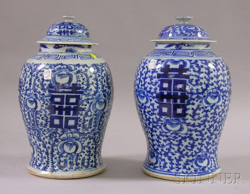 Appraisal: Pair of Asian Blue and White Decorated Porcelain Jars with