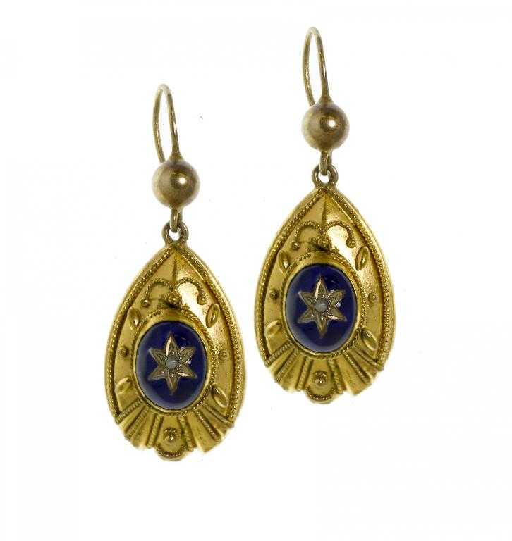 Appraisal: A PAIR OF VICTORIAN GOLD AND BLUE ENAMEL ETRUSCAN STYLE