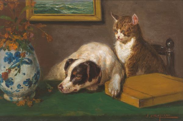 Appraisal: JOHN CALIFANO ITALIAN - x Curious dog and cat Oil